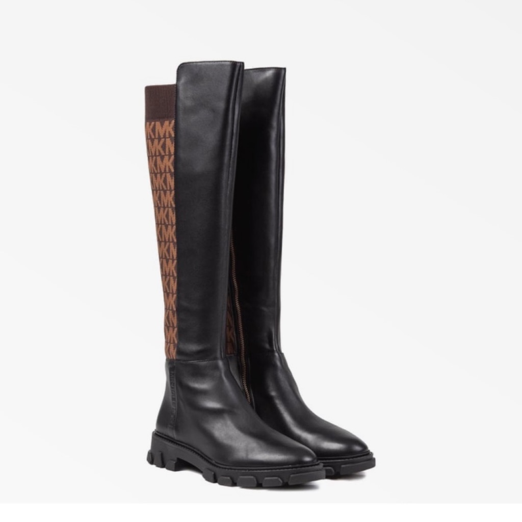 Michael Kors Black And Brown Mk Logo Knee-High Combat Boots